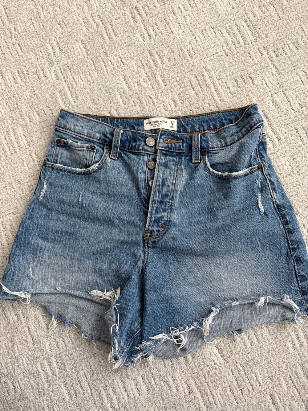 Abercrombie & Fitch Distressed High-Rise Denim Shorts - Blue Wash